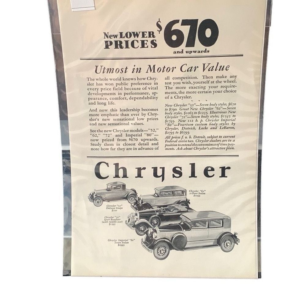 Vintage 1928 Chrysler Utmost In Motor Car Value Ad Advertisement